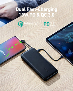 PB-N73C 10,000mAh 18W With Built-In USB-C Cable Ultra Thin Portable Charger 2-Port PD Fast Charge